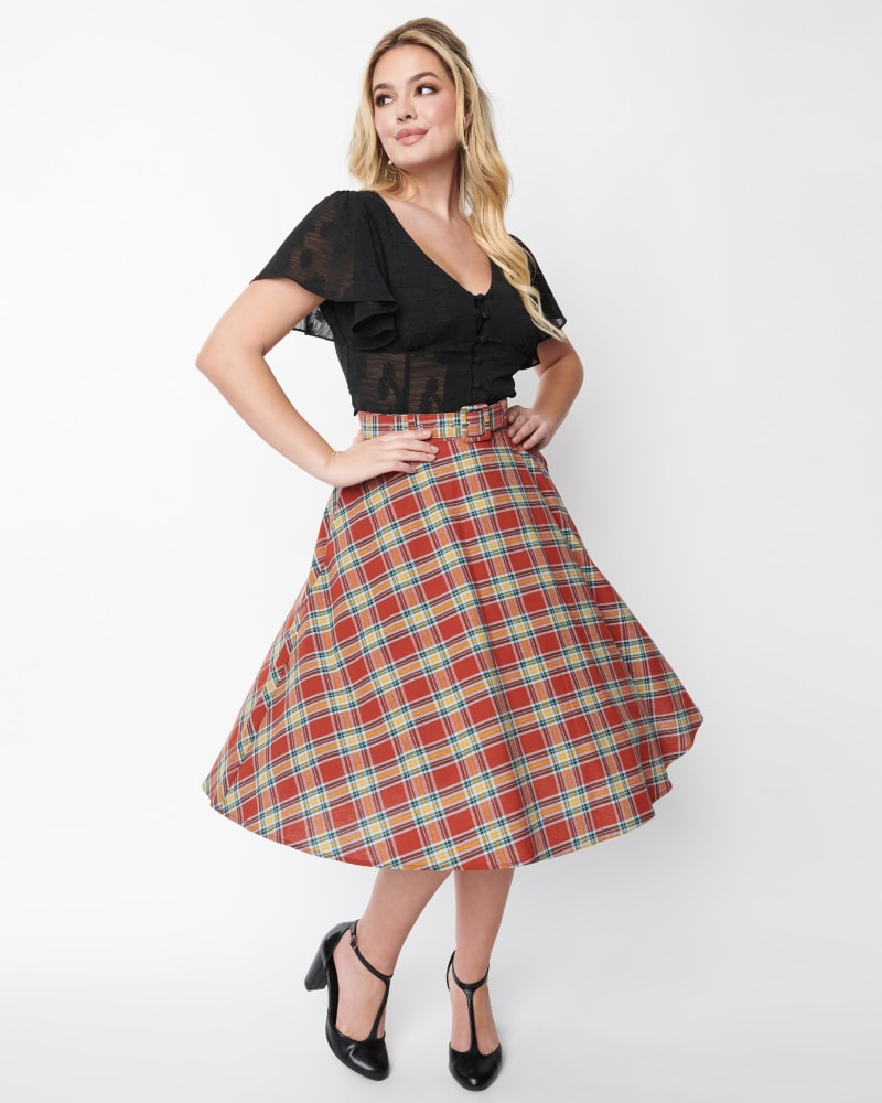 Front of a model wearing a size XL Unique Vintage Red Plaid High Waist Vivien Swing Skirt in Red/Plaid by Unique Vintage. | dia_product_style_image_id:315441